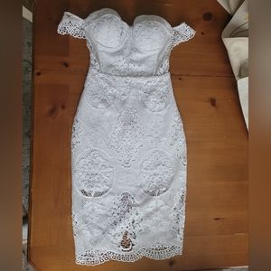 Bebe white lace bodycon off shoulder dress